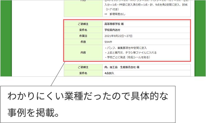 わかりにくい業種だったので具体的な事例を掲載。
