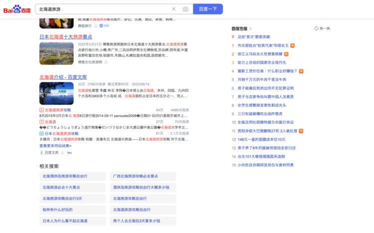 中国語の検索結果と関連ワードの例