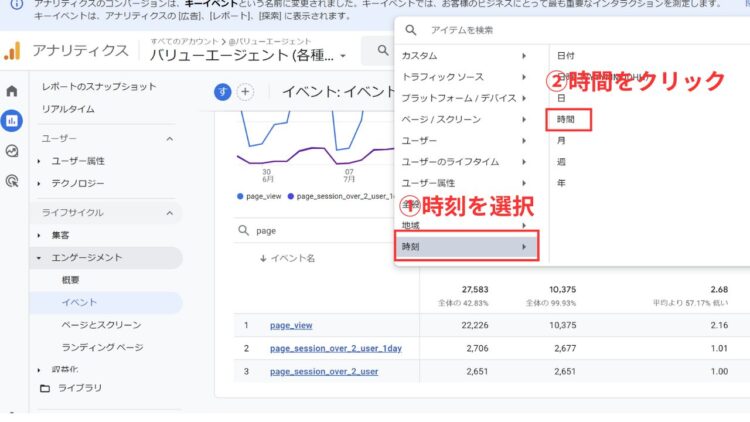 時間帯別レポート通常レポートで時刻を選択