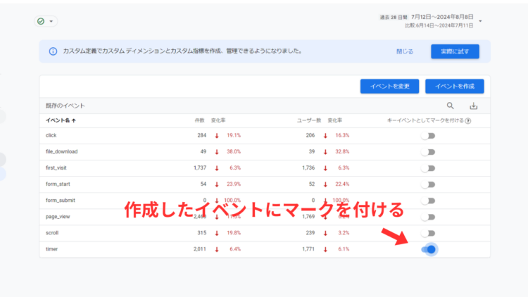 ga4ページ滞在時間イベントにマークを付ける