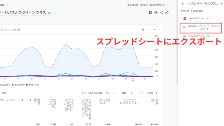 ga41スクロール率スプレッドシートにエクスポート