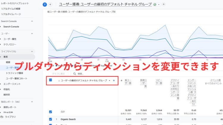 ユーザー獲得レポートプルダウン