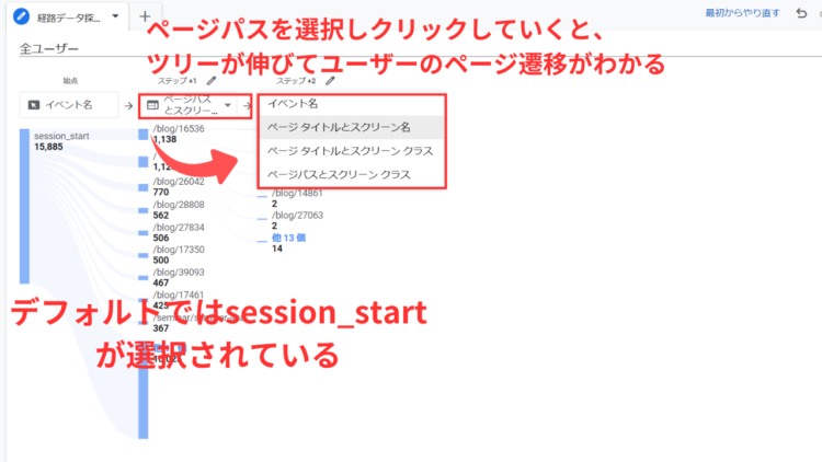ga4セッションスタートを選択して探索を表示