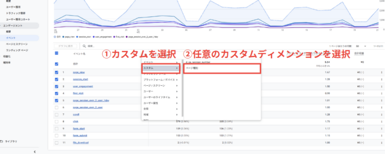 GA4レポートカスタムディメンションを選択